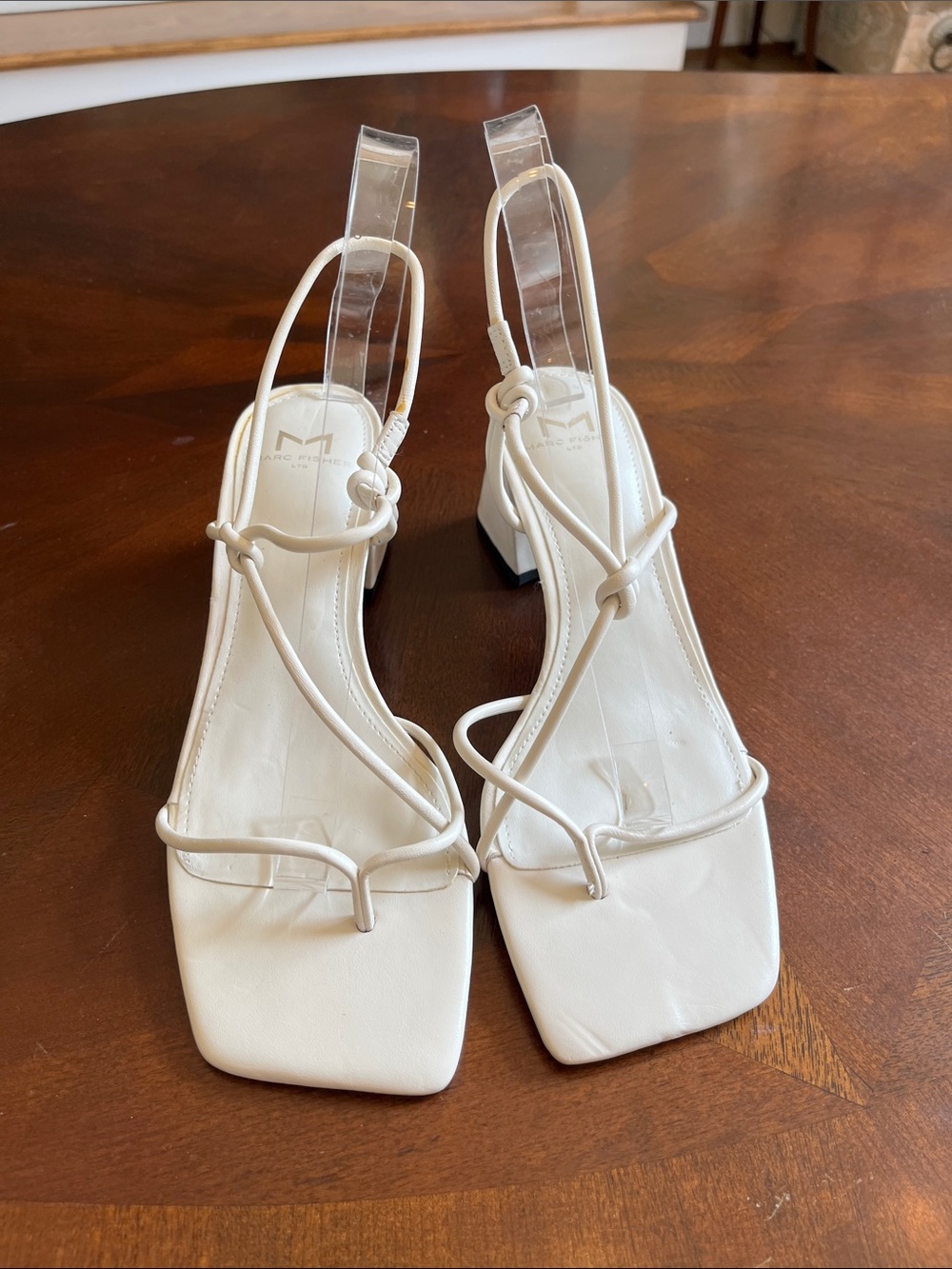White Strappy Square-Toe Slingback Heels, Marc Fischer